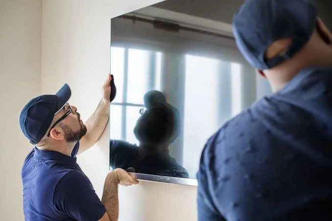 A man with glasses and a beard, wearing a baseball cap and navy shirt, is installing or inspecting a large flat-screen TV on a wall, with another person observing.