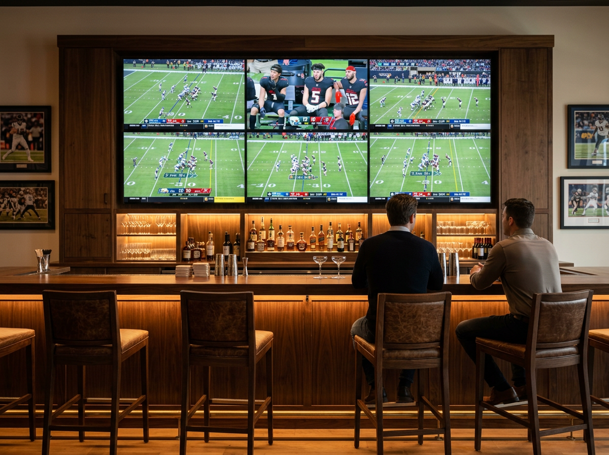 Two men sit at a bar watching a football game on multiple large screens. The bar has a wooden finish with bottles and glassware displayed behind them.