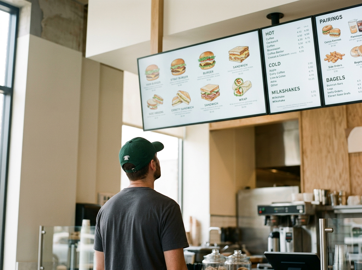 A man wearing a green cap and dark t-shirt standing in front of a digital menu at a fast food restaurant. The menu displays various burgers, sandwiches, and drinks.