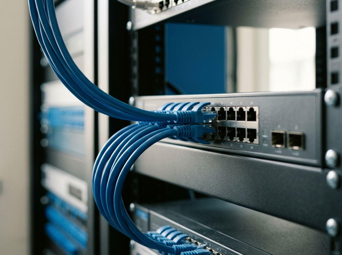 Close-up of a network switch with blue Ethernet cables plugged into multiple ports, mounted in a server rack.
