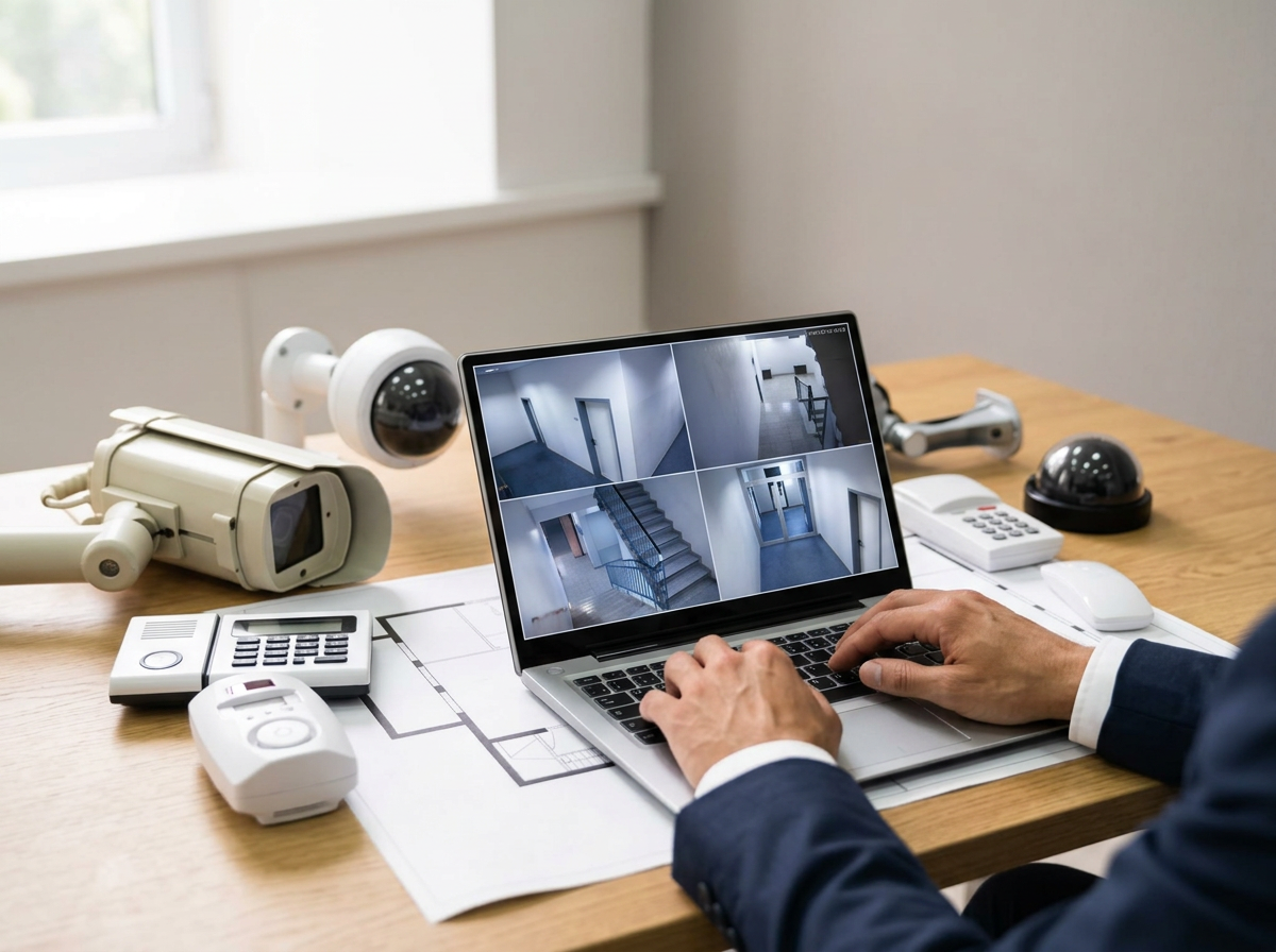 A person analyzing surveillance camera feeds on a laptop in a security office.