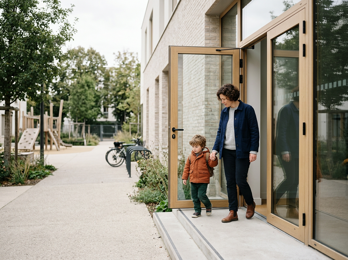 Une femme et un jeune garçon sortant d'une maison par une porte en verre. La femme tient la main du garçon et ils descendent un petit pas dehors. Il y a un espace piétonnier, des arbres, des vélos, et une aire de jeux en arrière-plan.