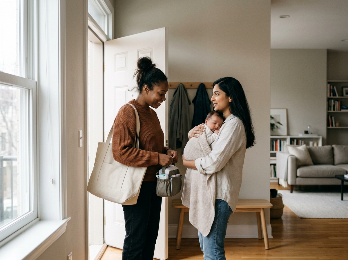 Deux femmes souriantes discutent à l'entrée d'une maison. L'une d'elles porte un sac beige, l'autre tient un bébé enveloppé dans une couverture.
