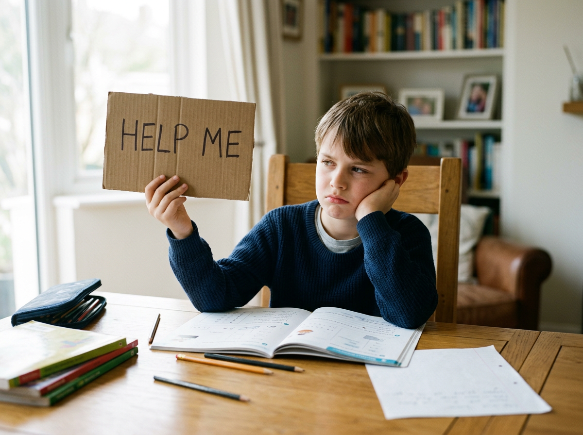 Un garçon assis à une table avec des livres et des cahiers, tenant une pancarte en carton avec l'inscription "HELP ME".