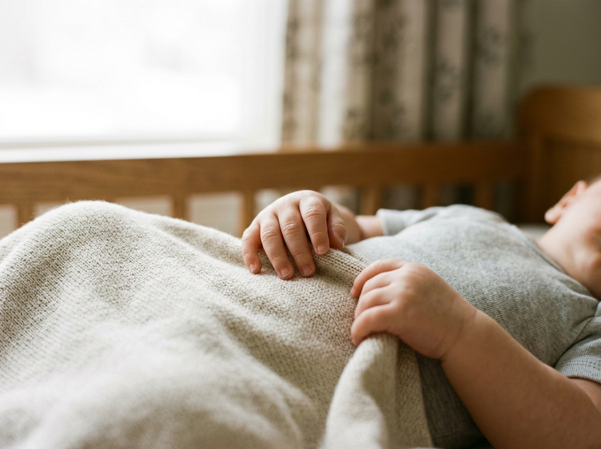 Un enfant allongé dans un lit, tenant une couverture beige avec ses mains, dans une pièce avec une fenêtre et des rideaux