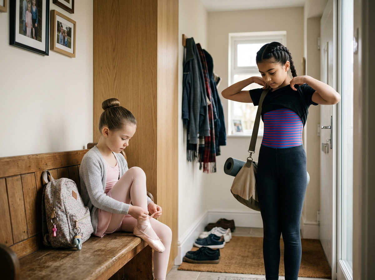 Une jeune fille assise sur un banc en bois, en train de mettre ses chaussures, à côté d'un sac à dos coloré. Une autre jeune fille, à droite, ajuste son t-shirt en levant les bras, portant un sac à bandoulière et un tapis de yoga enroulé. La scène se passe dans un couloir d'intérieur avec une porte d'entrée et des chaussures ordonnées au sol.