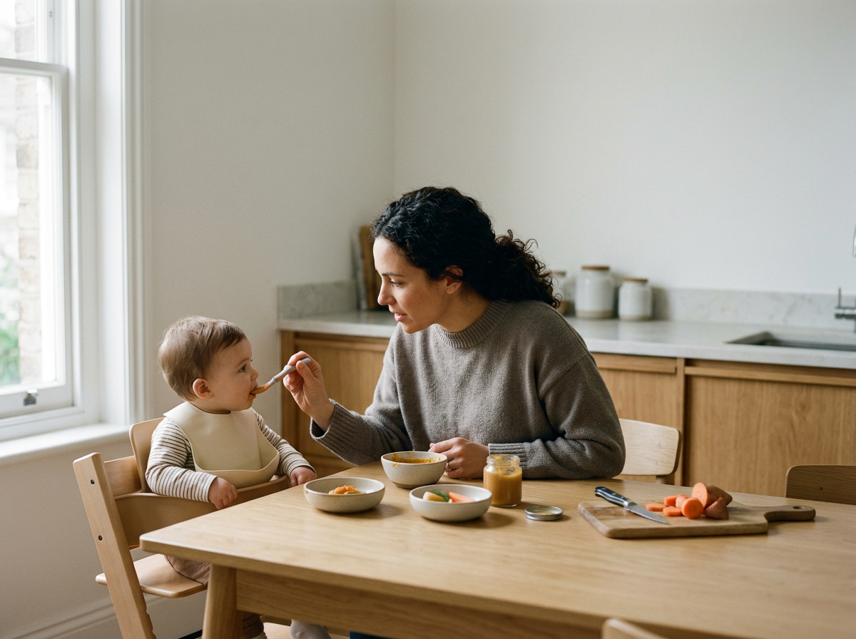 Une femme donne à manger à un jeune enfant assis dans une chaise haute, dans une cuisine lumineuse.