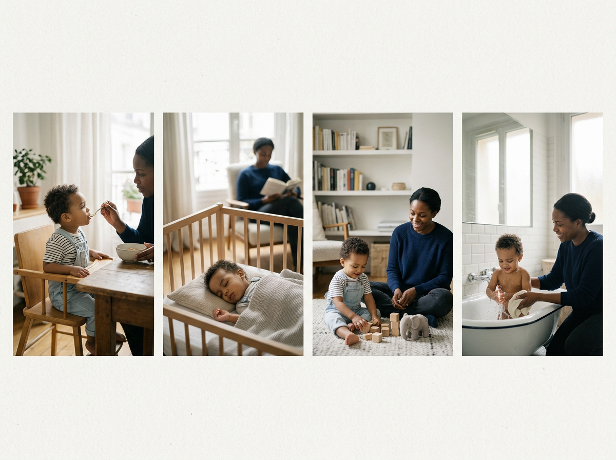 Une série de quatre photos montrant une mère avec ses deux jeunes enfants dans différentes activités à la maison : donner à manger à un enfant, un autre enfant dort dans un lit, jouer avec des blocs de construction et donner un bain à un enfant.