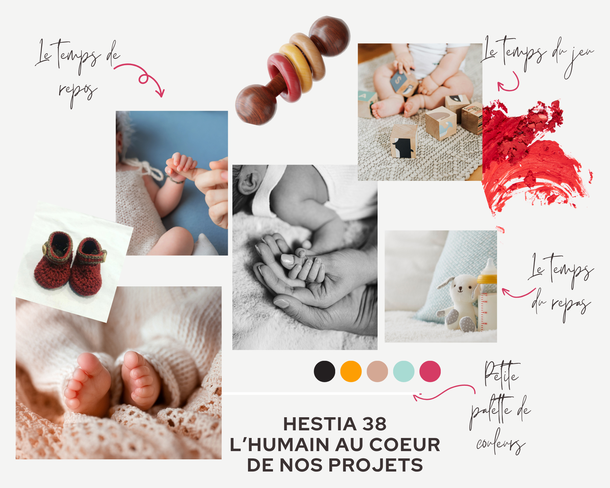Collage de photos de bébé, jouets en bois, chaussures de bébé rouge, mains tenant un bébé, dessin et peinture rouge, palette de couleurs pastel, texte en français sur le thème de l'humain et des projets, couleur pastel et neutre.