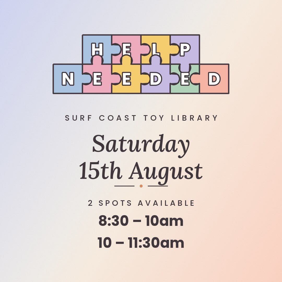 Two spots to fill this Saturday 15th August! 🧩 We need one volunteer for 8:30&ndash;10am and one for 10&ndash;11:30am. 
It&rsquo;s easy! Help set up, support families borrowing and returning toys, and pack away, with a committee member always on han