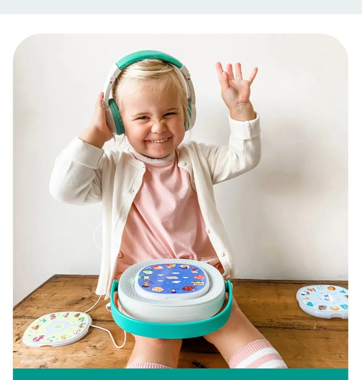 New toy!!! We have two Timio Players in the toy library. An interactive, screen-free educational audio and music player designed for children ages 2 to 6. It works via magnetic discs that children place on the unit and tap to play music, stories, ani