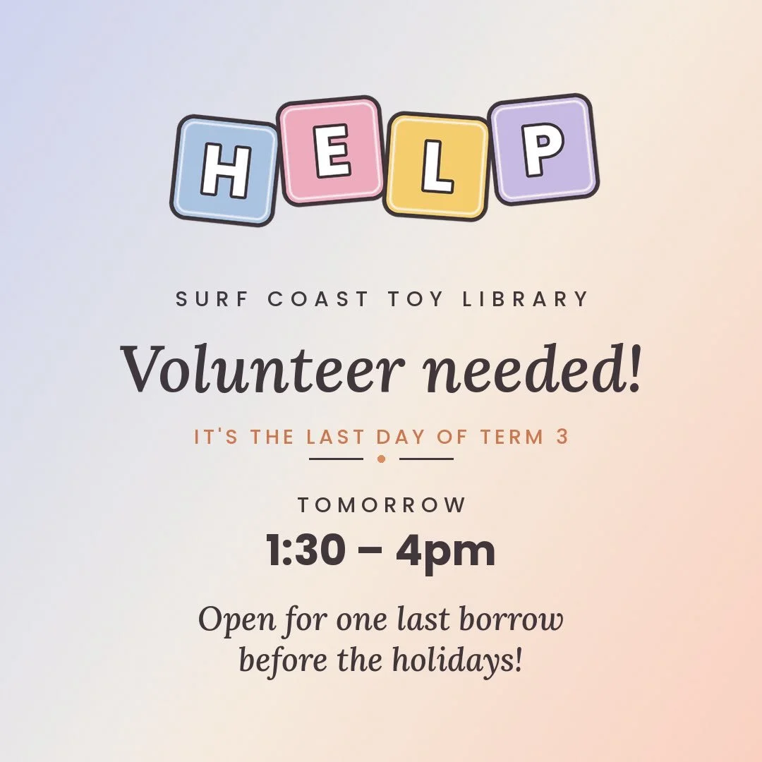 Tomorrow is the final day of Term 3 and we&rsquo;re open 1:30&ndash;4pm so families can grab new toys borrow before the holidays 🧸 but we need one volunteer to make it happen! It&rsquo;s easy, with a committee member always on hand for support. Can 