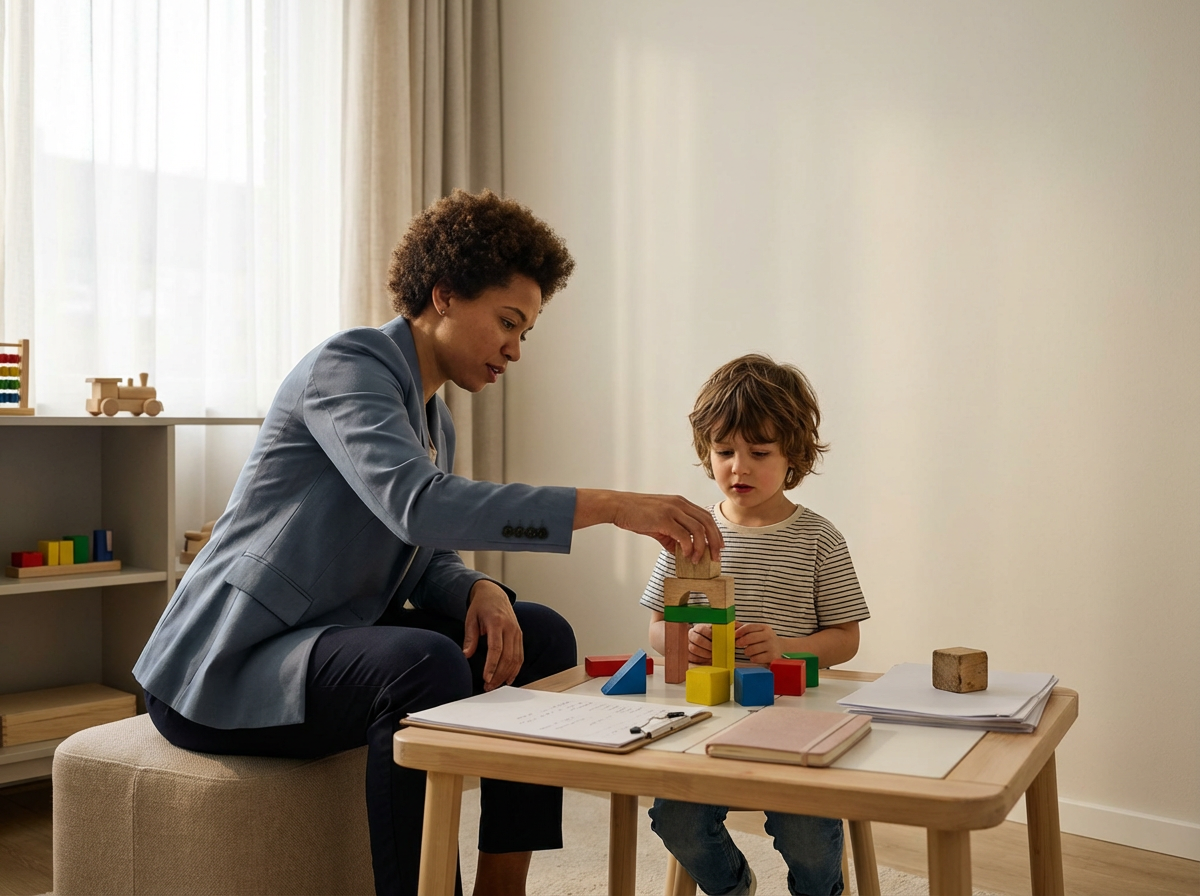 A woman and a young boy playing with colorful wooden building blocks at a table in a well-lit room.