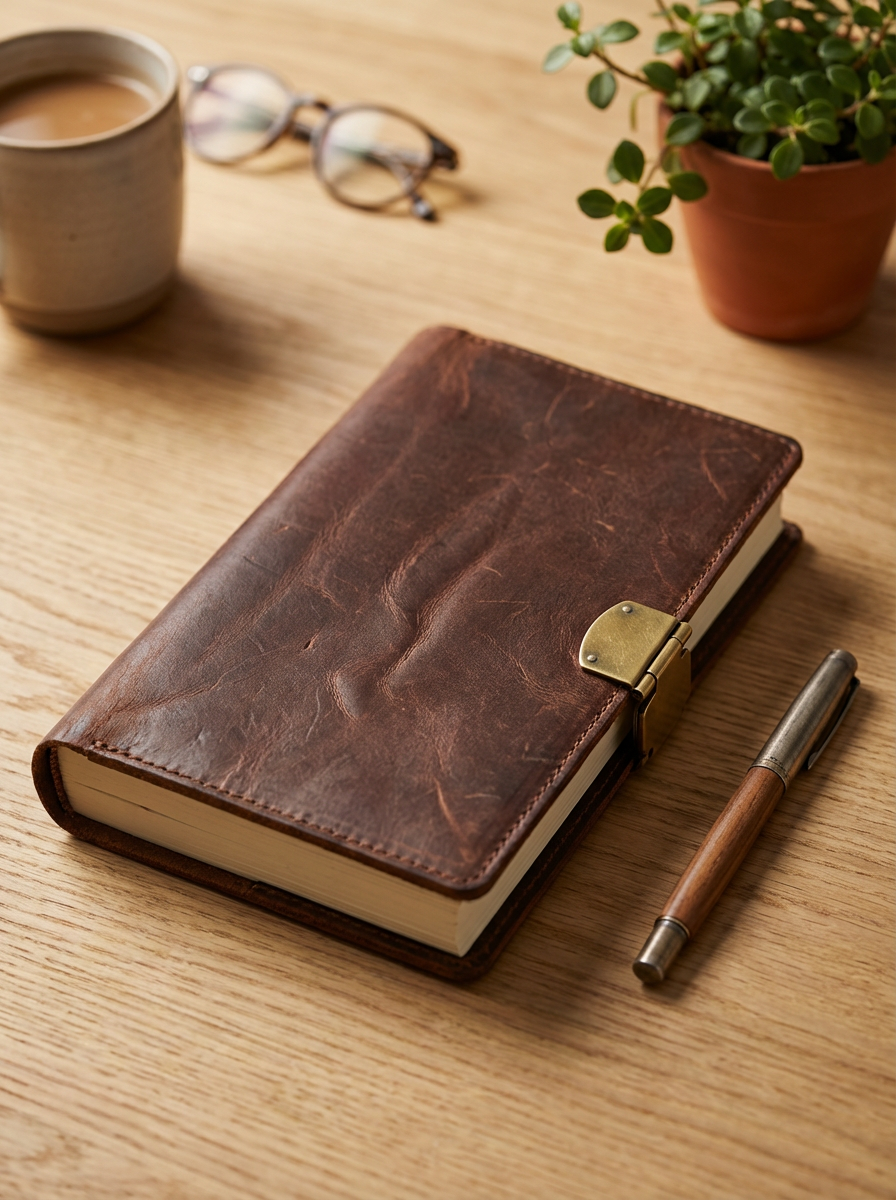 A leather-bound journal, a pen, a cup of coffee, a pair of glasses, and a potted plant on a wooden table.