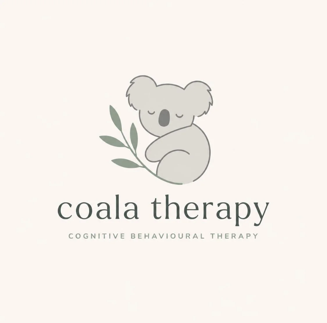Cartoon koala with closed eyes, hugging a branch with green leaves, promoting coala therapy and cognitive behavioral therapy.