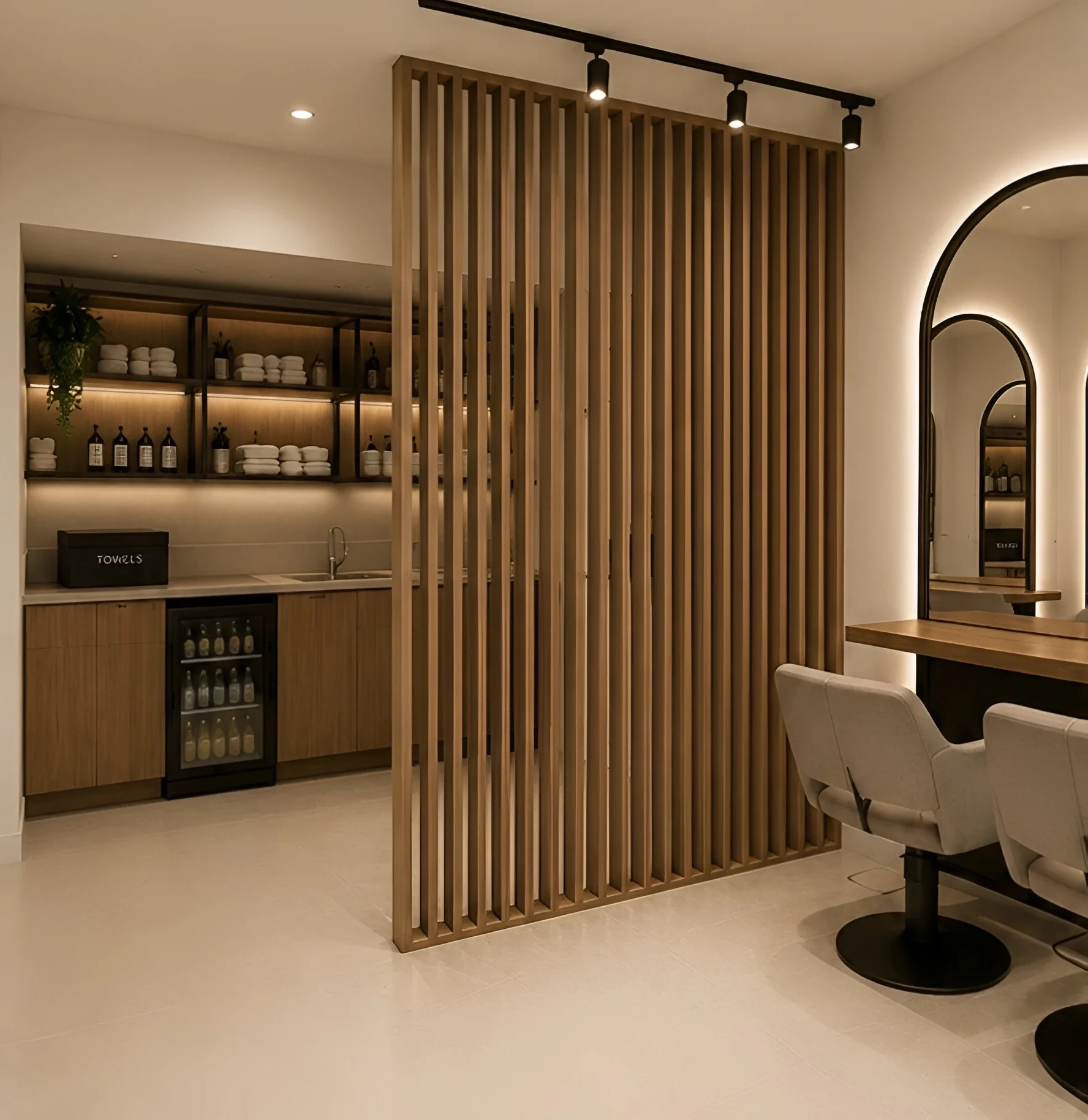 Modern interior with a wooden slat room divider, seating, a counter with towels and bottles, and arched mirrors.