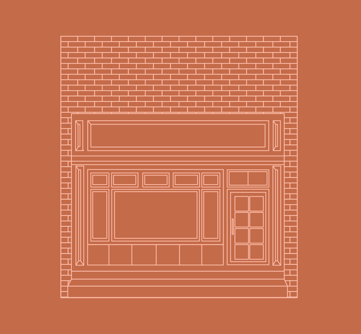 Outline drawing of a front porch with a brick wall, window, and door with multiple panes on a brown background.