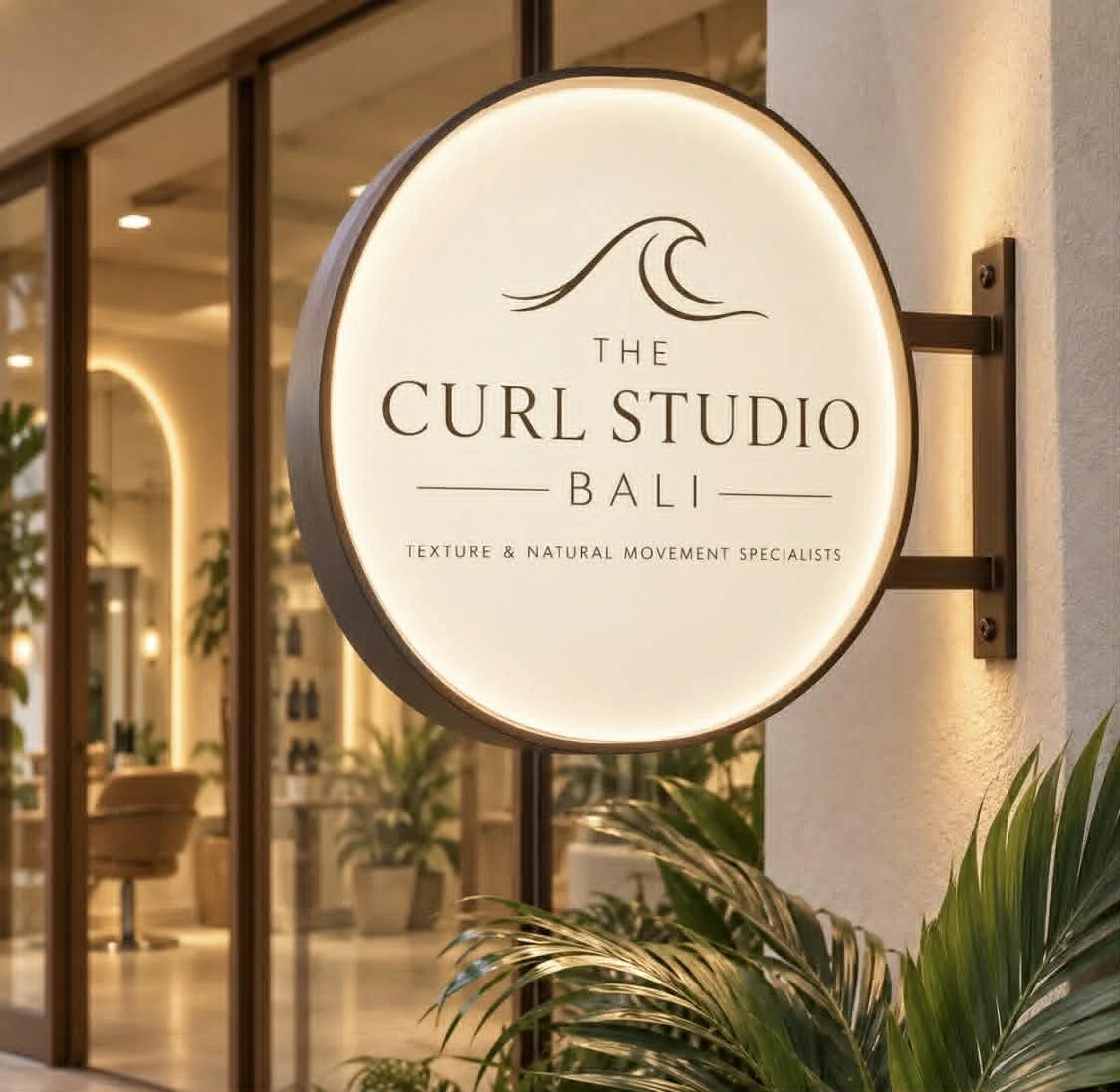 Illuminated round sign for The Curl Studio Bali, a salon specializing in texture and natural movement, with interior visible through glass behind and greenery in the foreground.