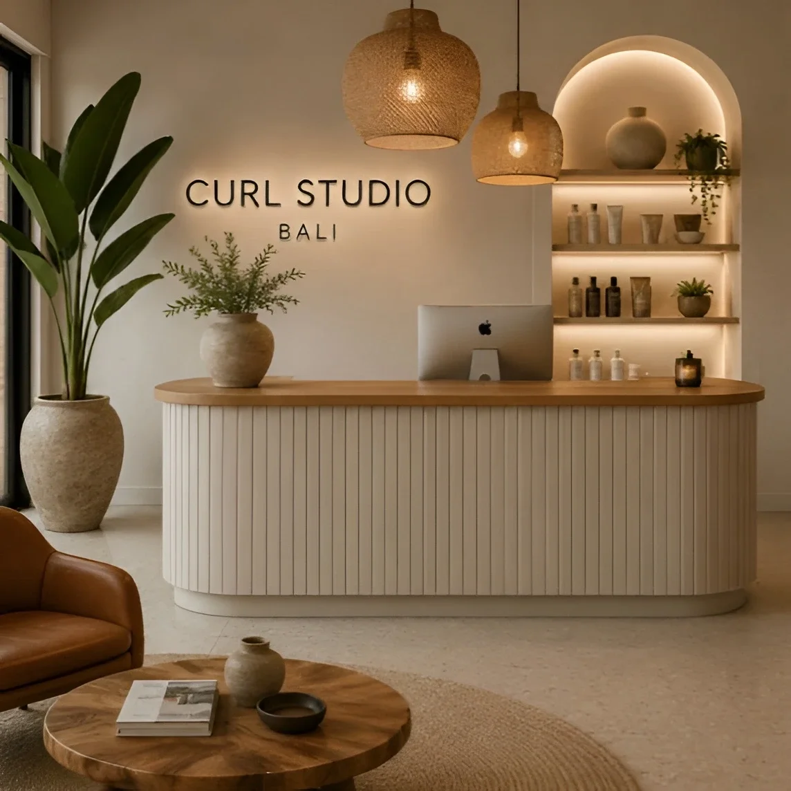 Reception area of Curl Studio Bali featuring a cream curved front desk with a computer, large potted plant on the left, elegant shelves with skincare products and decor, two woven pendant lights hanging above, and warm ambient lighting.