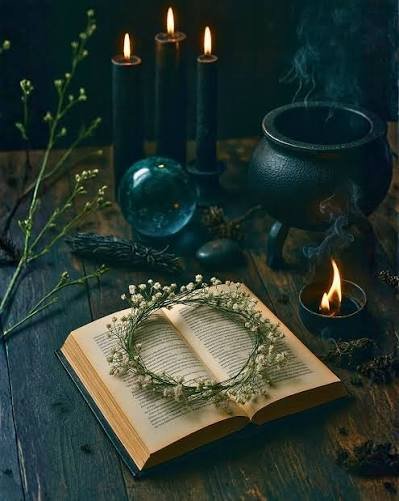 Open book with a floral wreath on top, surrounded by lit black candles, a crystal orb, a cauldron, and foliage on a wooden surface in a dark, mystical setting.