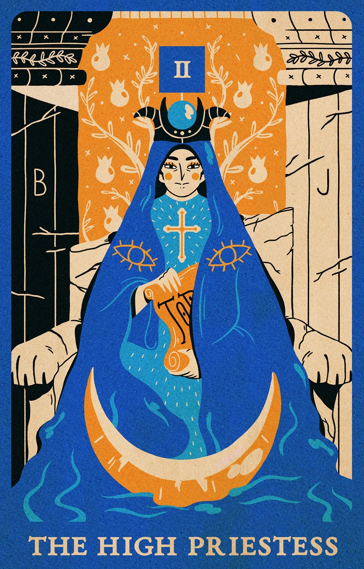 Illustration of a woman wearing a blue robe with yellow symbols representing eyes and a cross, sitting on a throne with a blue background and an orange backdrop decorated with pomegranates and foliage. The staff she is holding features a curled top, and a banner with the words 'The High Priestess' is at the bottom.