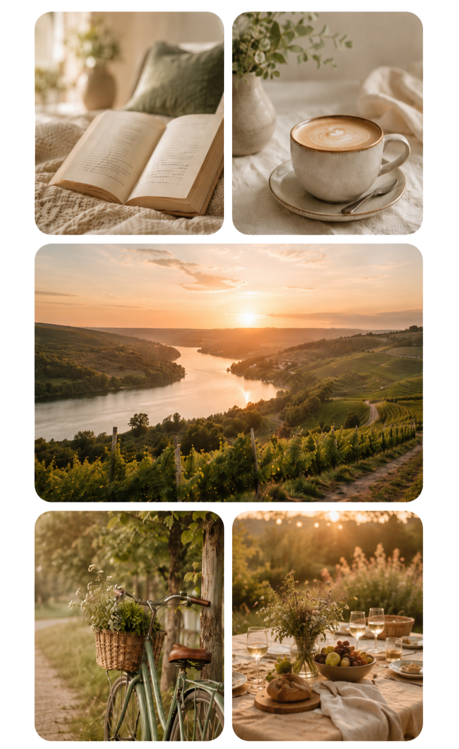 Persönliche Eindrücke mit Buch, Kaffee, Weinregion Saale-Unstrut, Fahrrad und gedecktem Tisch
