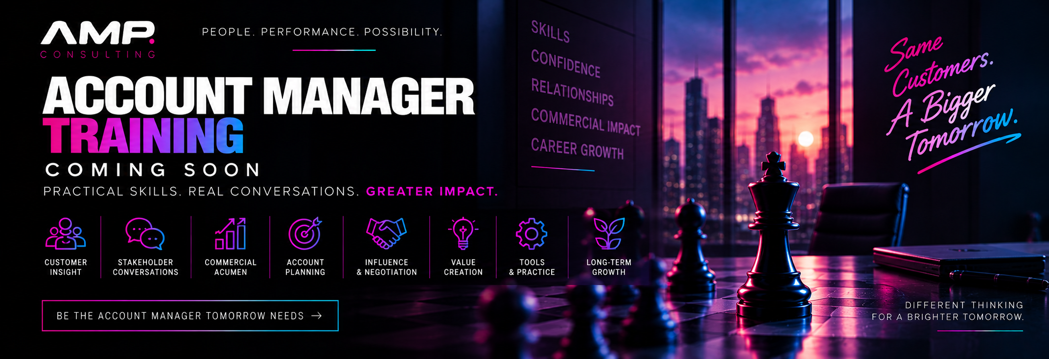 Promotional graphic for AMP Consulting Account Manager training, featuring a city skyline at sunset, chess pieces, and text highlighting skills such as confidence, relationships, and career growth in a neon theme.