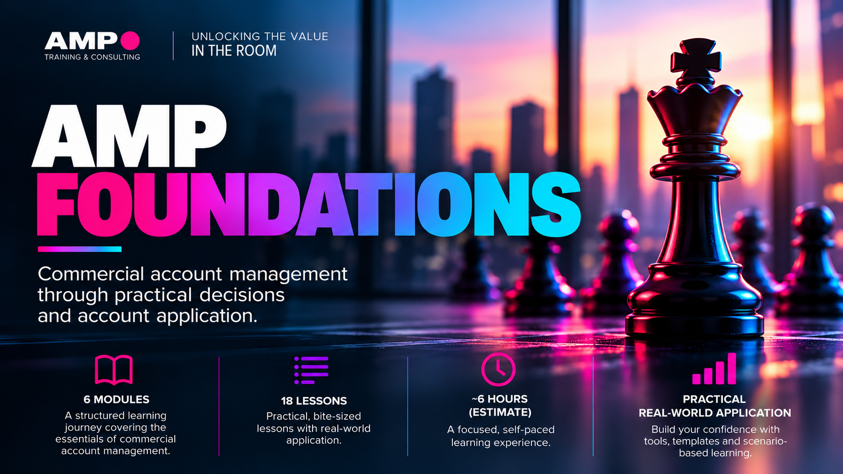 AMP Foundations commercial account management training course banner featuring a large chess king, city skyline, and course details: six modules, 18 lessons, and approximately six hours.