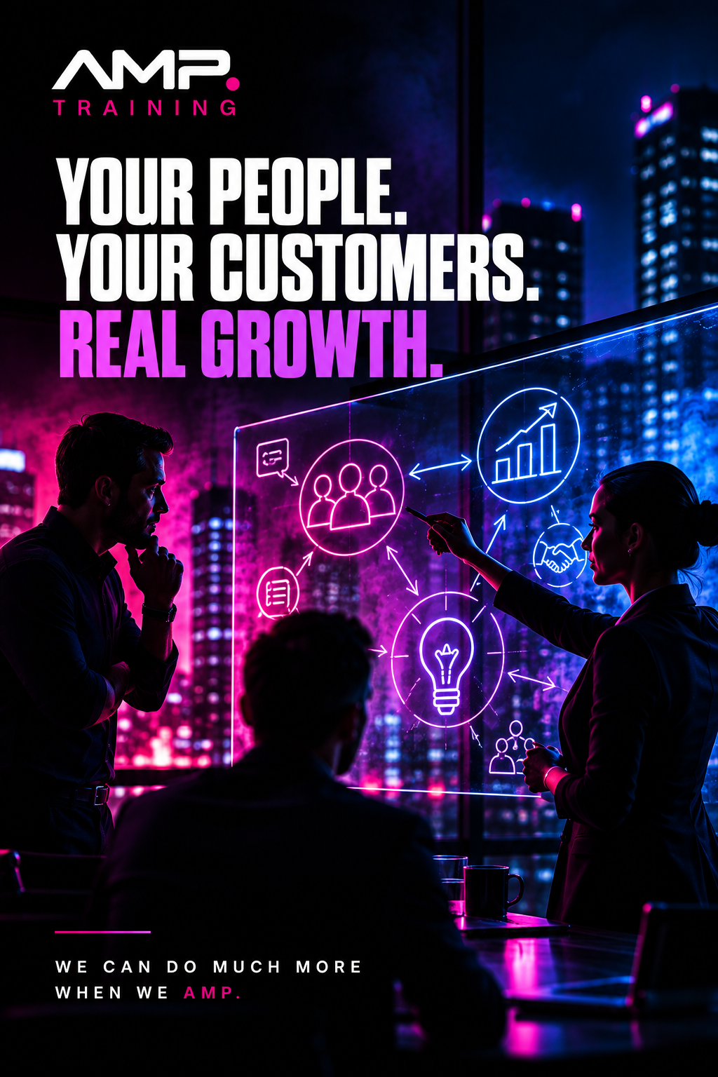 AMP Training business growth poster showing a team analyzing customer, sales, innovation, and analytics icons on a neon digital strategy board