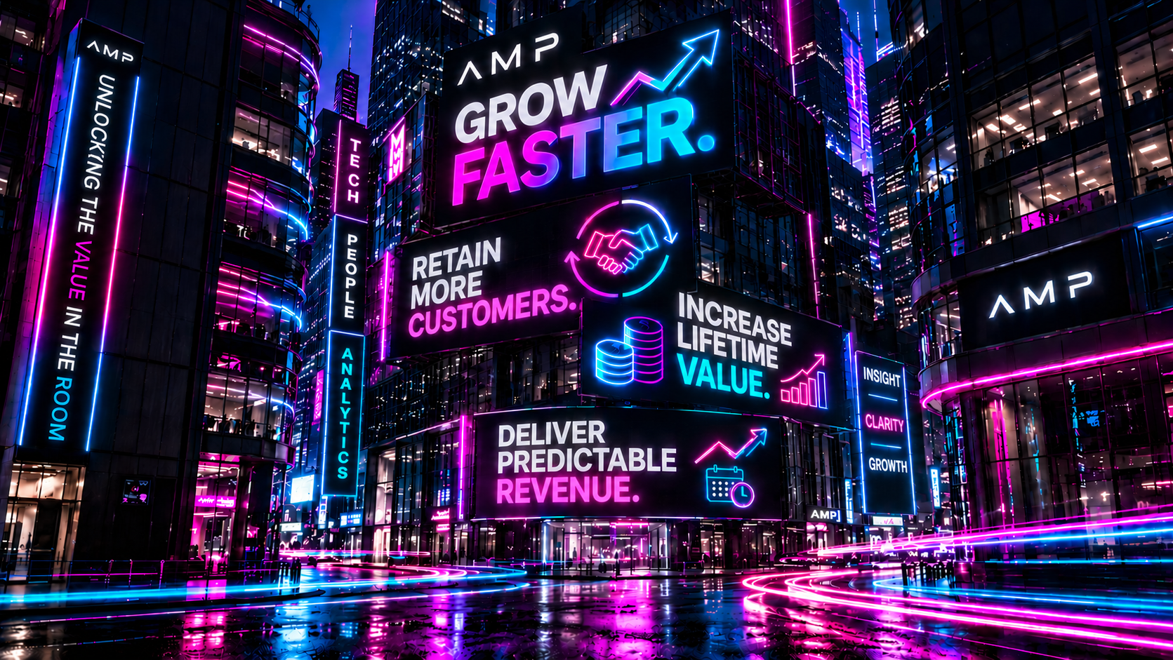 Neon-lit cityscape with digital billboards displaying business growth messages such as 'Grow Faster,' 'Retain More Customers,' 'Increase Lifetime Value,' and 'Deliver Predictable Revenue.' The scene features modern skyscrapers, vibrant pink and blue lights, and reflections on wet streets.