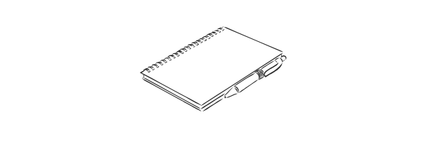 Outline of a closed book with a pen resting on top.