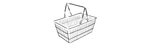 A black-and-white outline of an empty shopping basket with a handle.