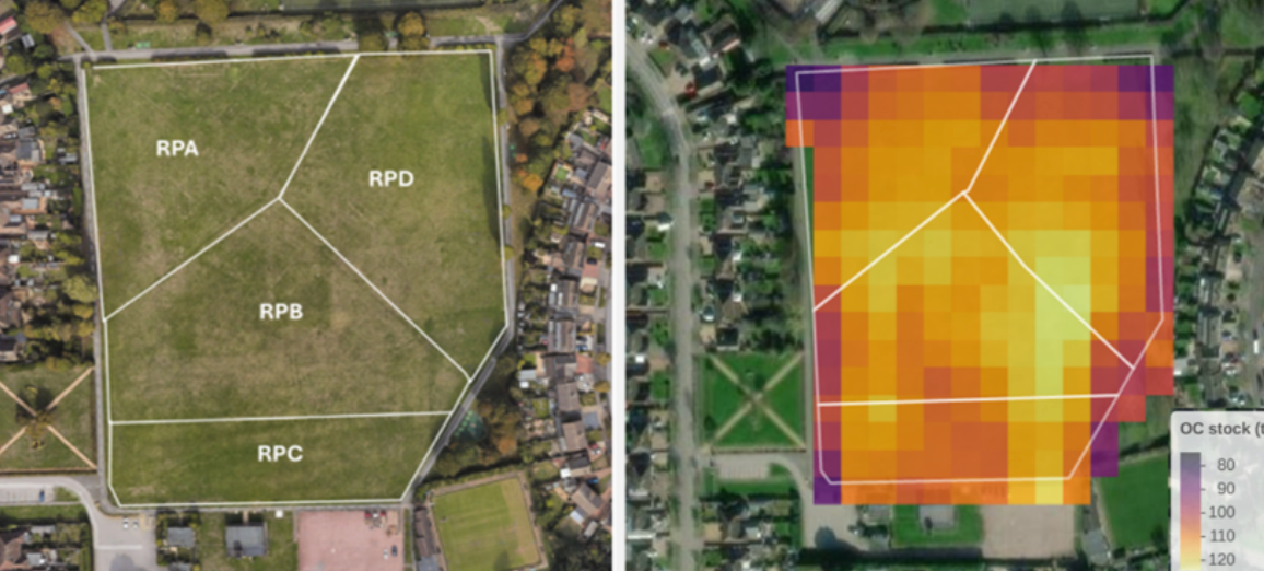 Side-by-side aerial maps of a sports field divided into five sections labeled RPA, RPD, RPB, RPC, and RPE, with the right map showing color-coded data overlay indicating resource distribution with a color scale from purple to red.