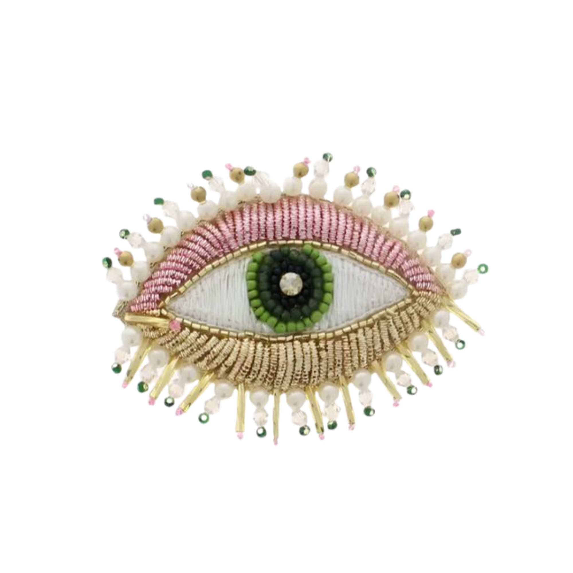 Close-up of a decorative craft item resembling an eye with multicolored beads and fabric, featuring an intricate design and fringe at the bottom.