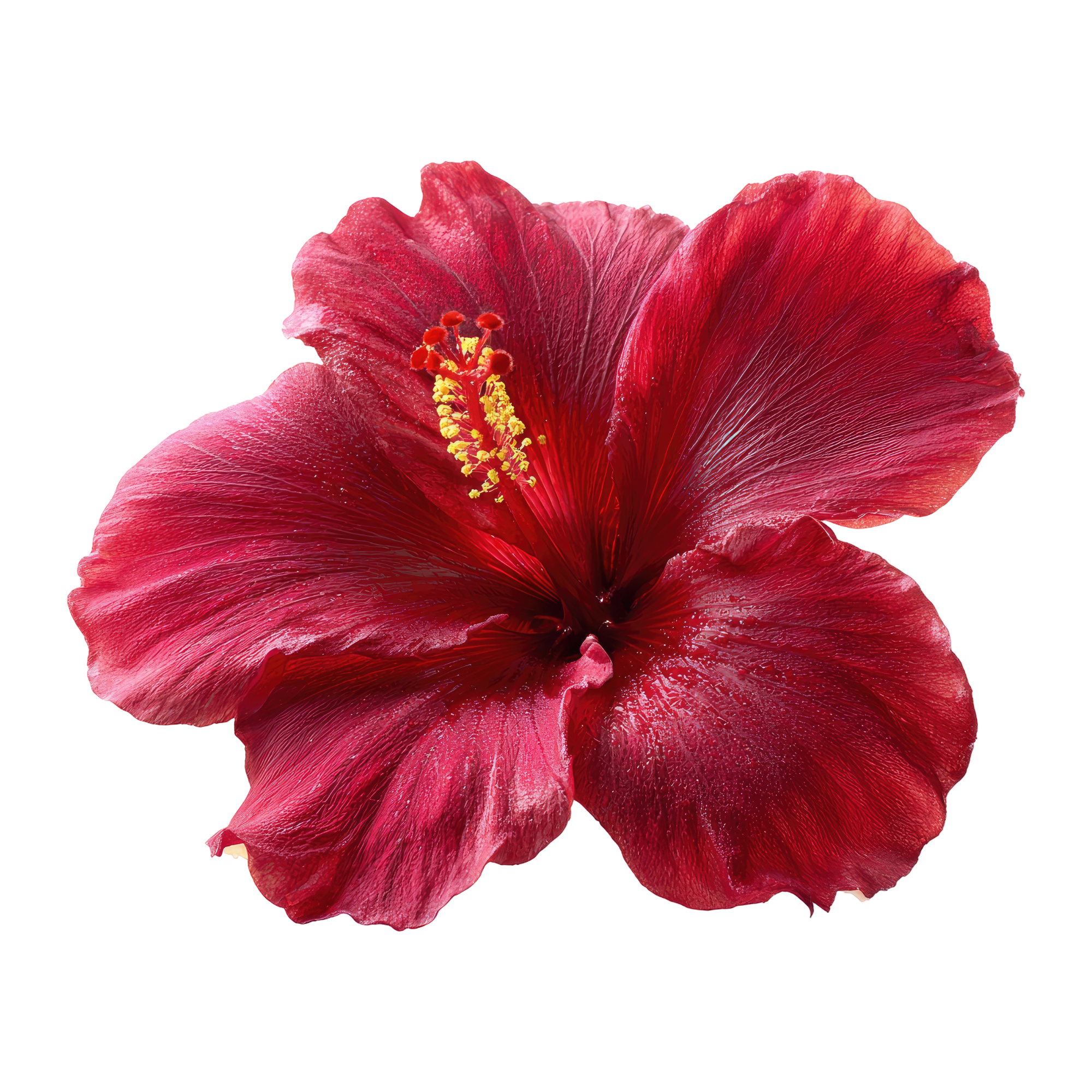 Close-up of a vibrant red hibiscus flower with detailed petals and prominent yellow stamens.