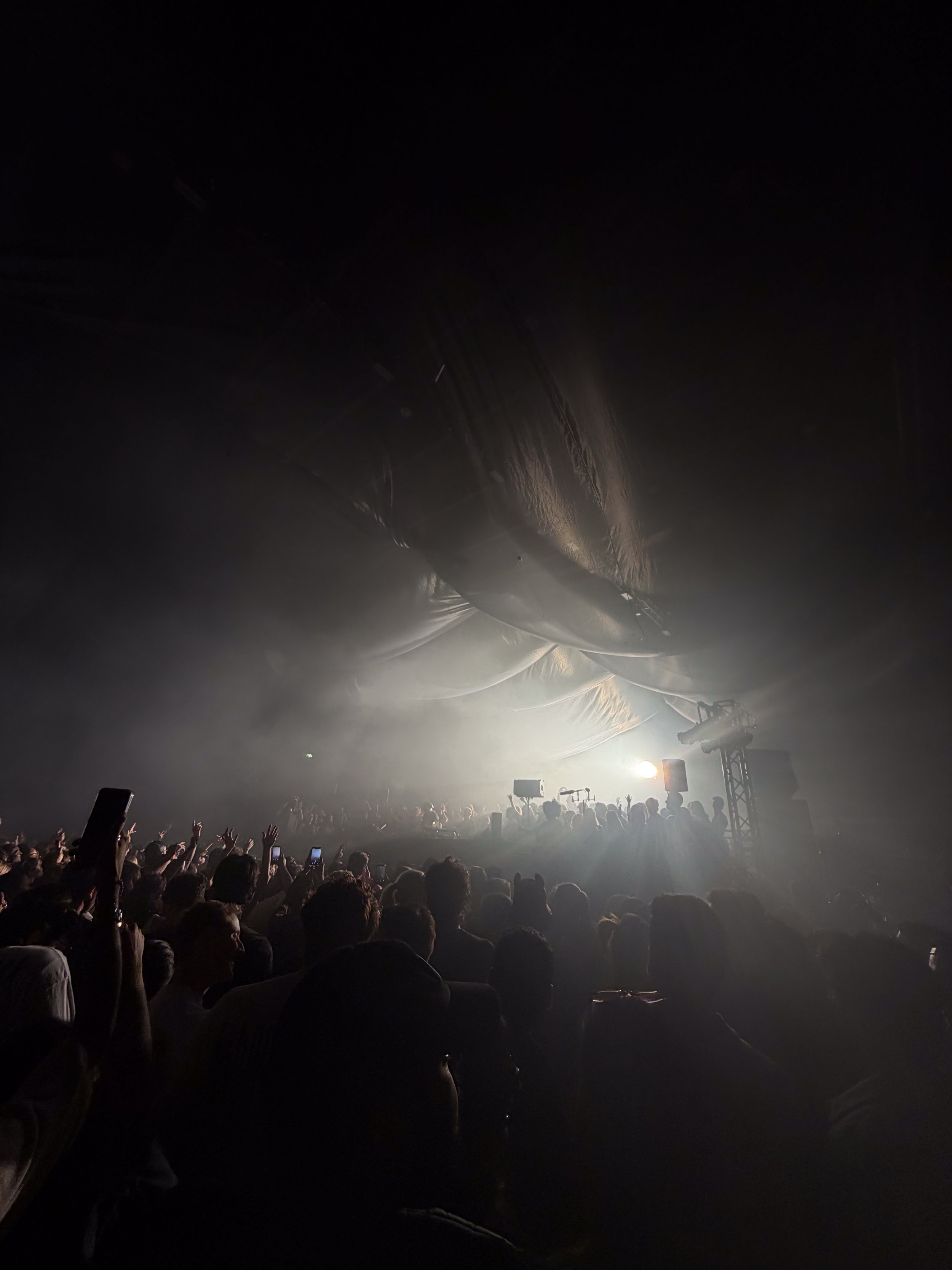 Crowd attending a concert or music festival with stage lighting and fog, raising hands and taking photos.