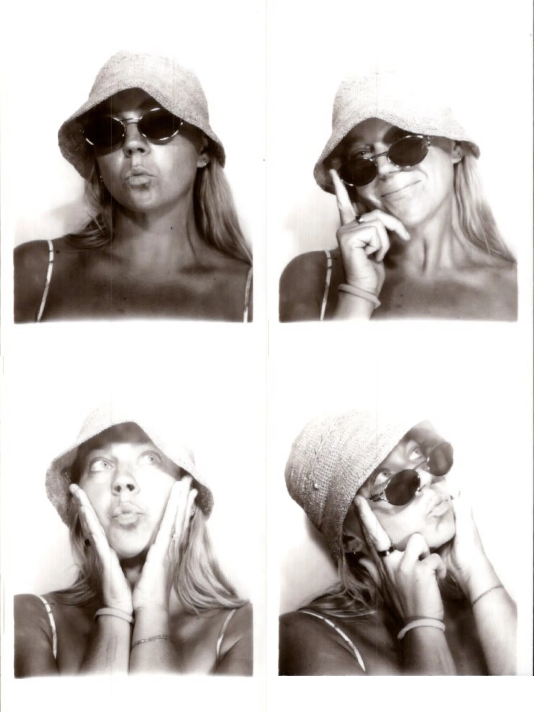 Black and white photo of a woman wearing sunglasses, a hat, and a summer top, making expressive faces and poses.