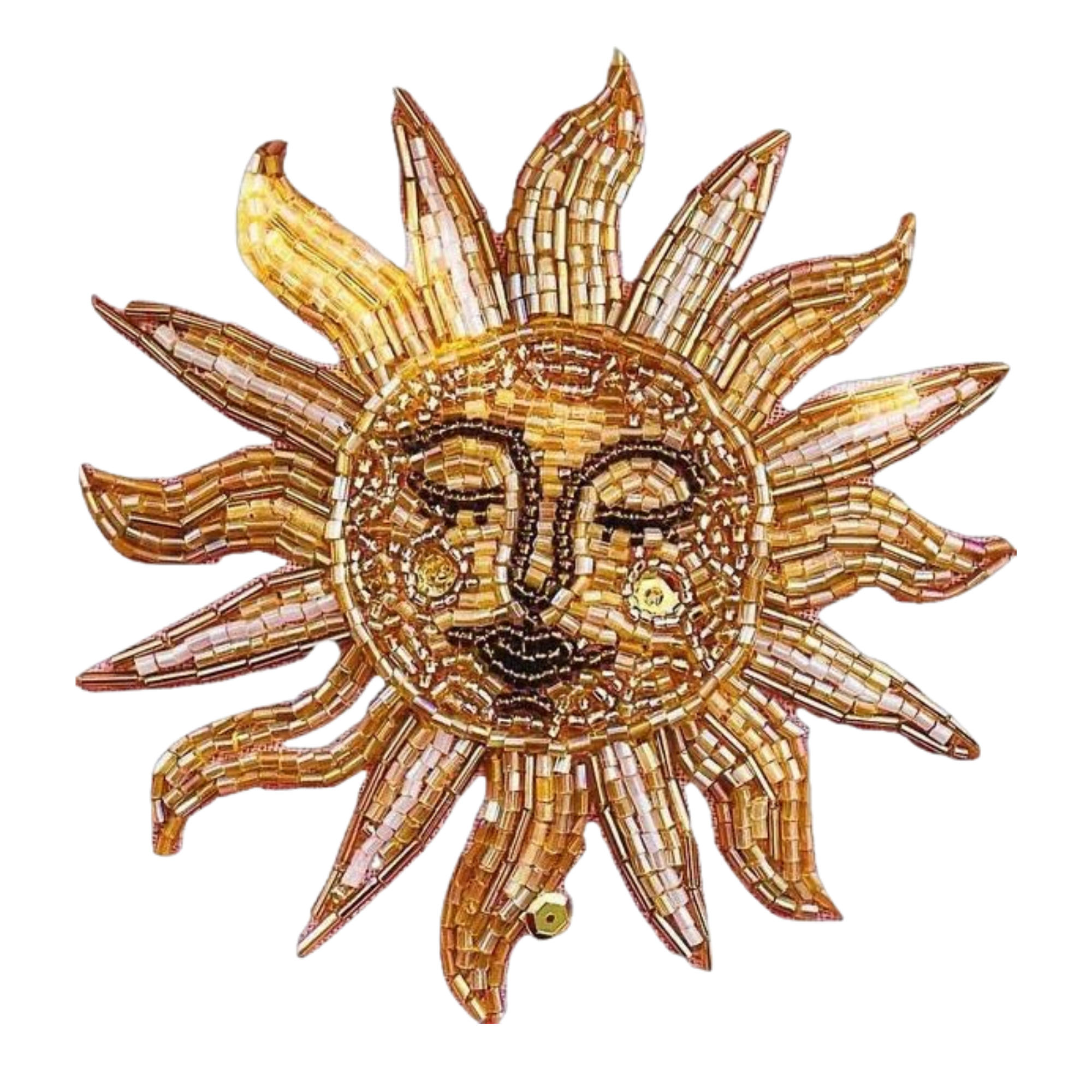 A decorative star made of small, shiny, rectangular beads in shades of gold, bronze, and beige.