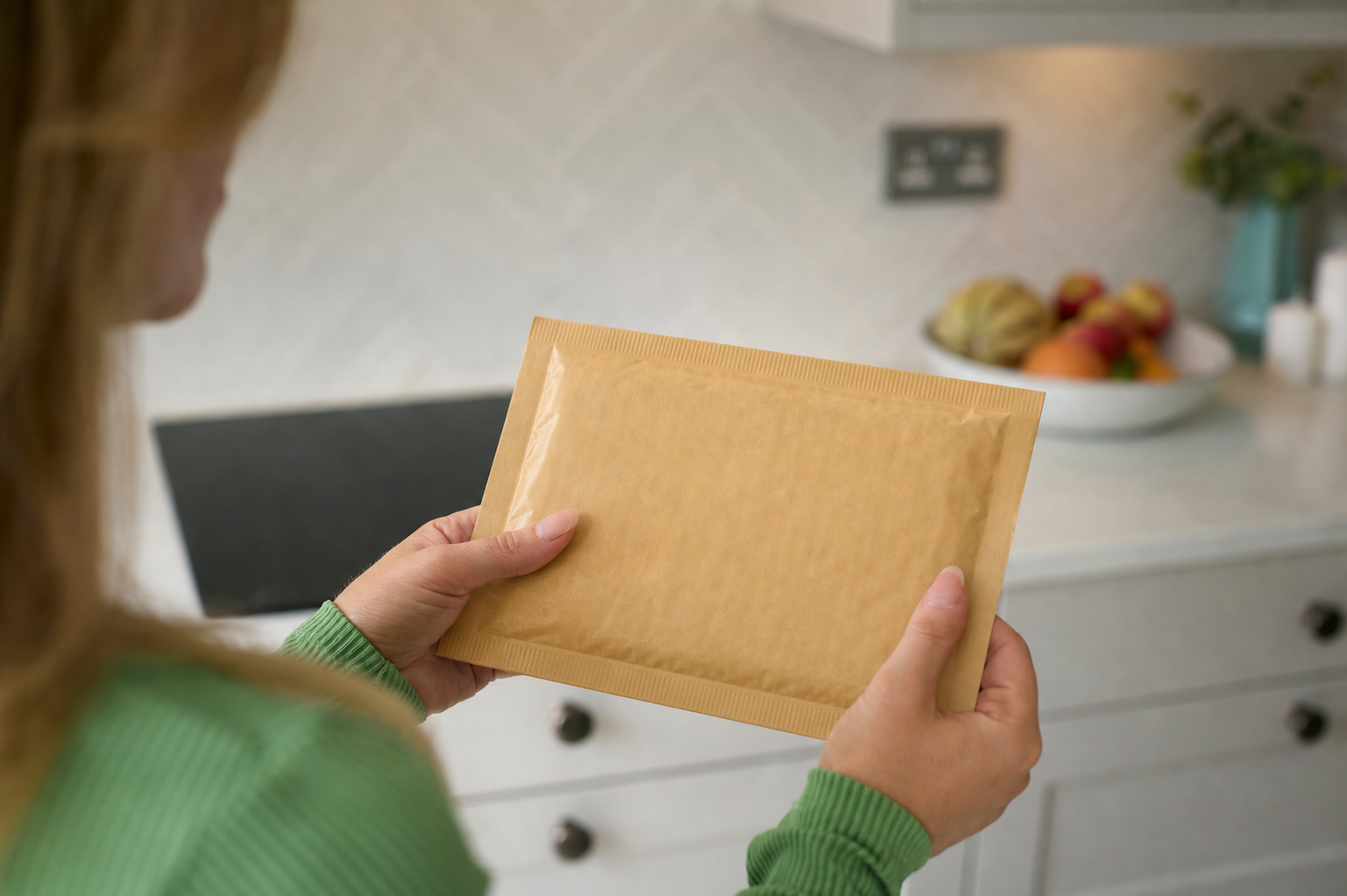 Person holding a padded mailing envelope in a kitchen.