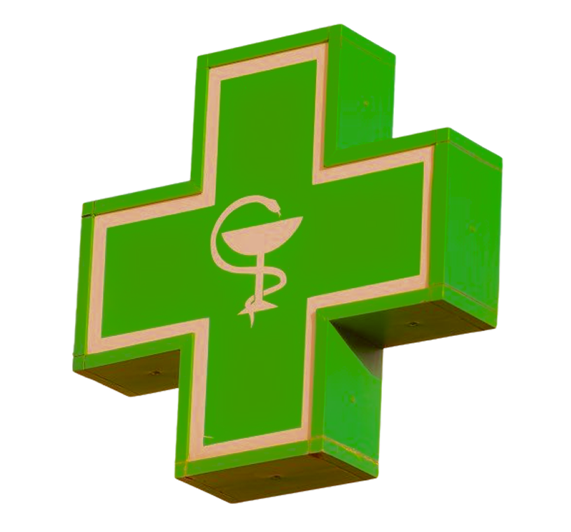 Green pharmacy cross sign with a white mortar and pestle symbol.