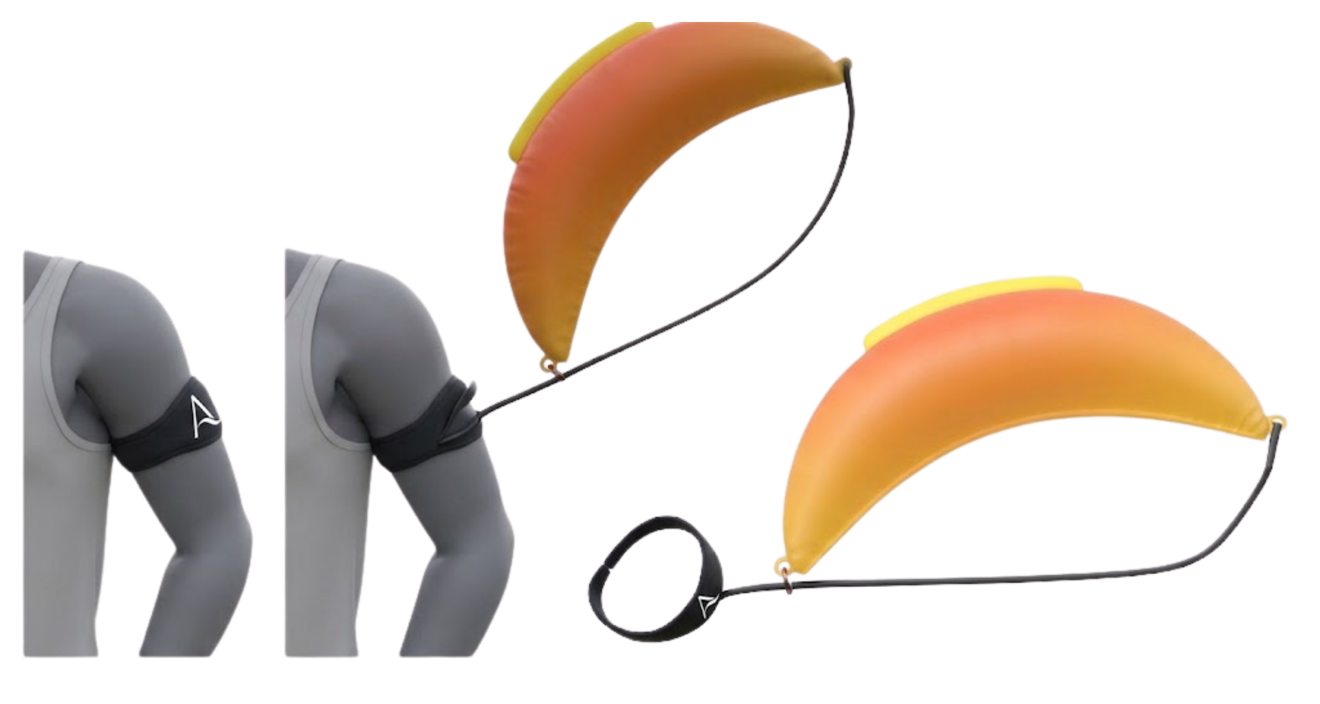 Visual depiction of the ALIS lifesaving armband depicting a black armband and besides it - an inflated tube connected to it via a chord