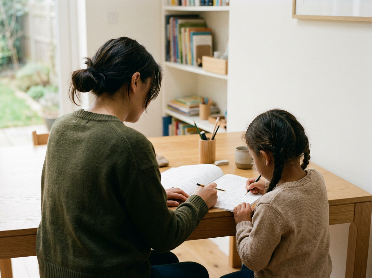 A woman and a young girl sitting at a wooden table, studying or doing homework together with open notebooks and writing utensils. There are books and a container with pens and pencils on the table, with a bookshelf in the background and a window with a view of a garden.