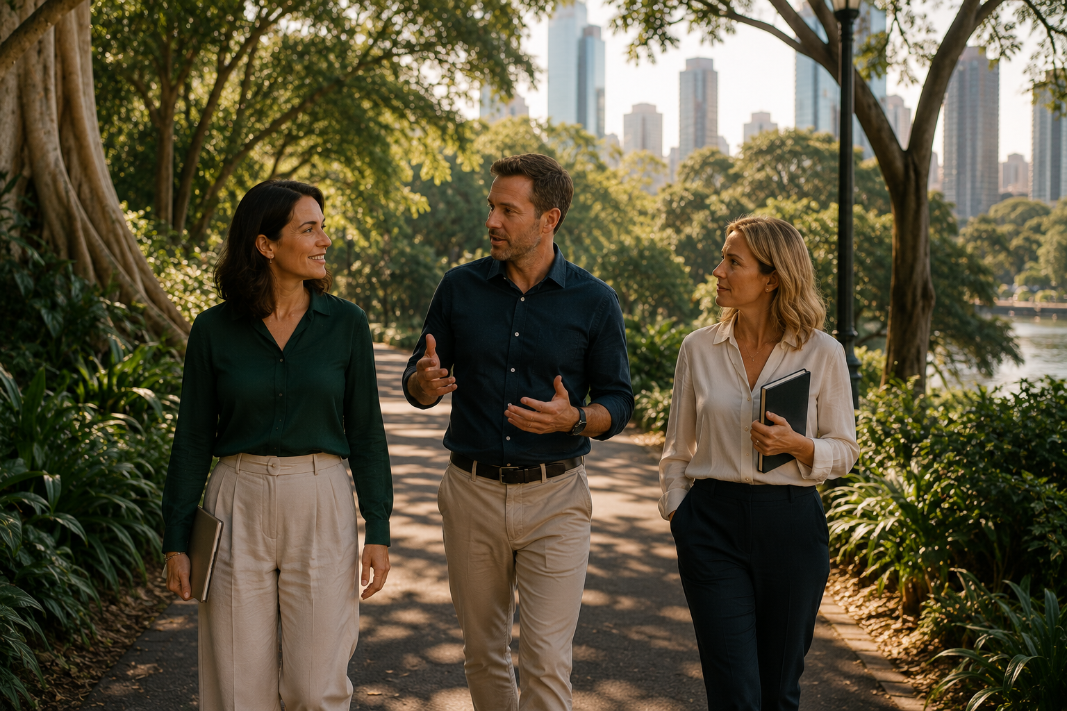 Leaders discussing organisational change and AI transformation in an outdoor setting