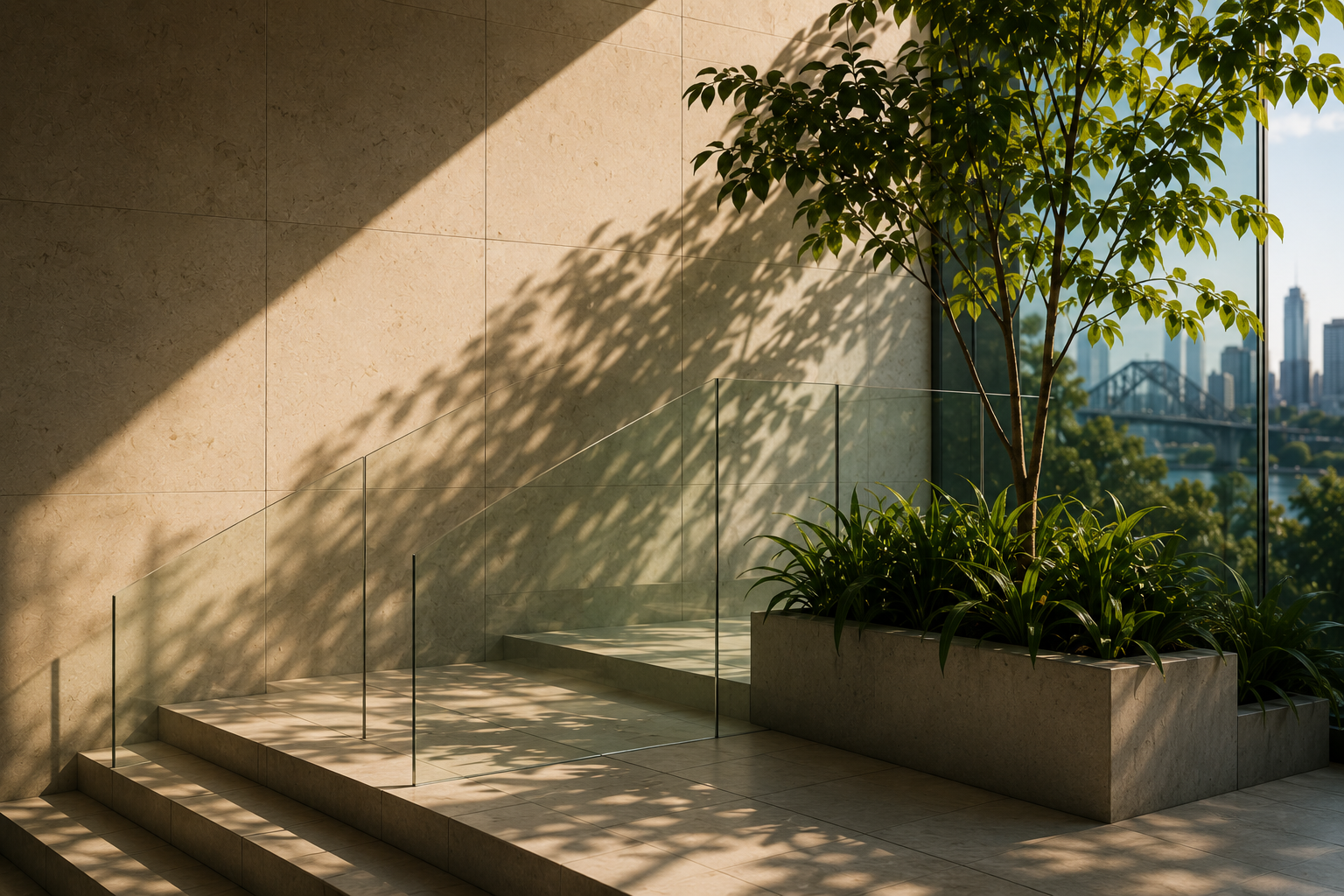 Interior view of modern building with steps, a large potted plant, and a glass wall overlooking a city skyline with tall buildings and a bridge in the distance.
