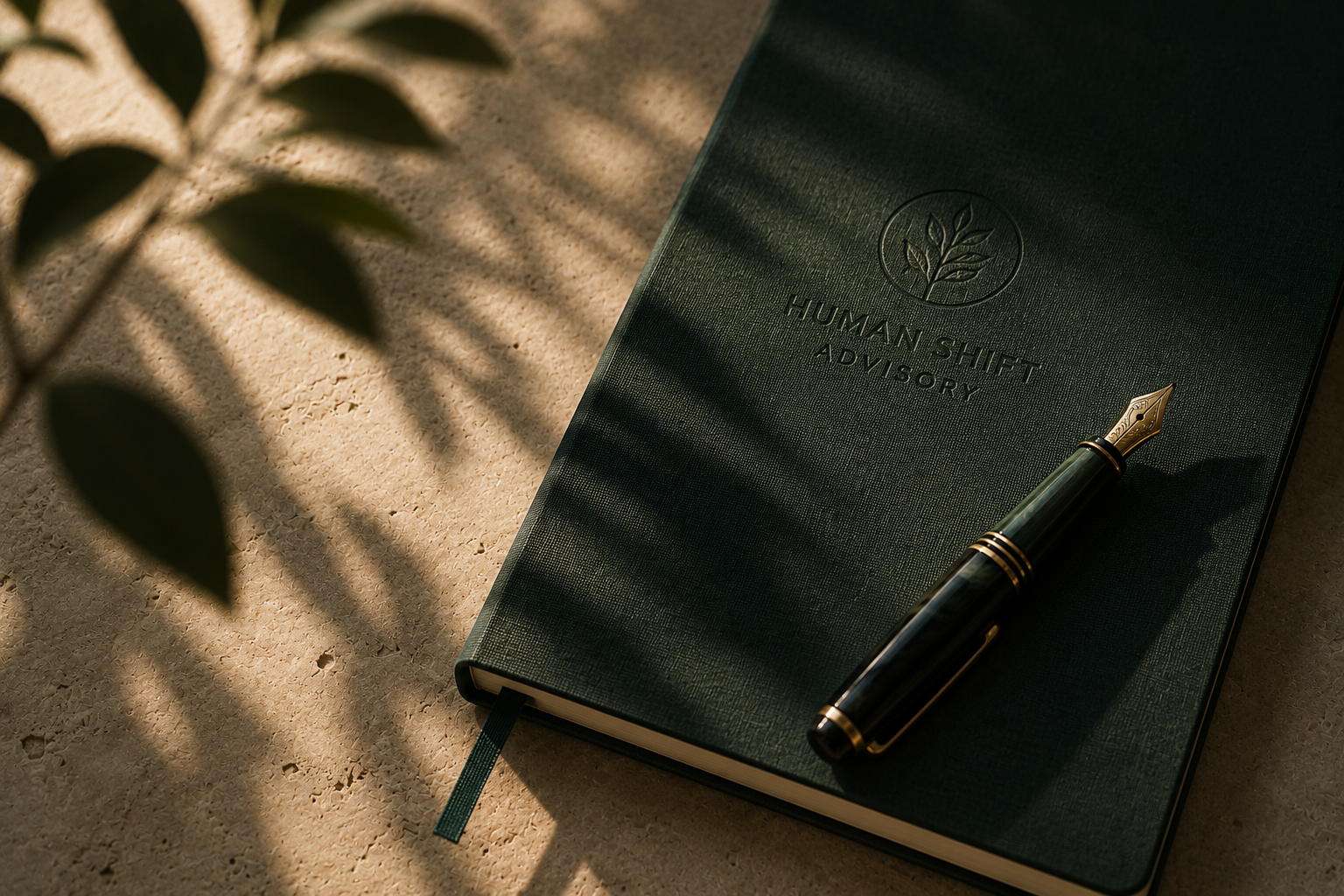Human Shift Advisory notebook and fountain pen representing thoughtful leadership and strategic thinking