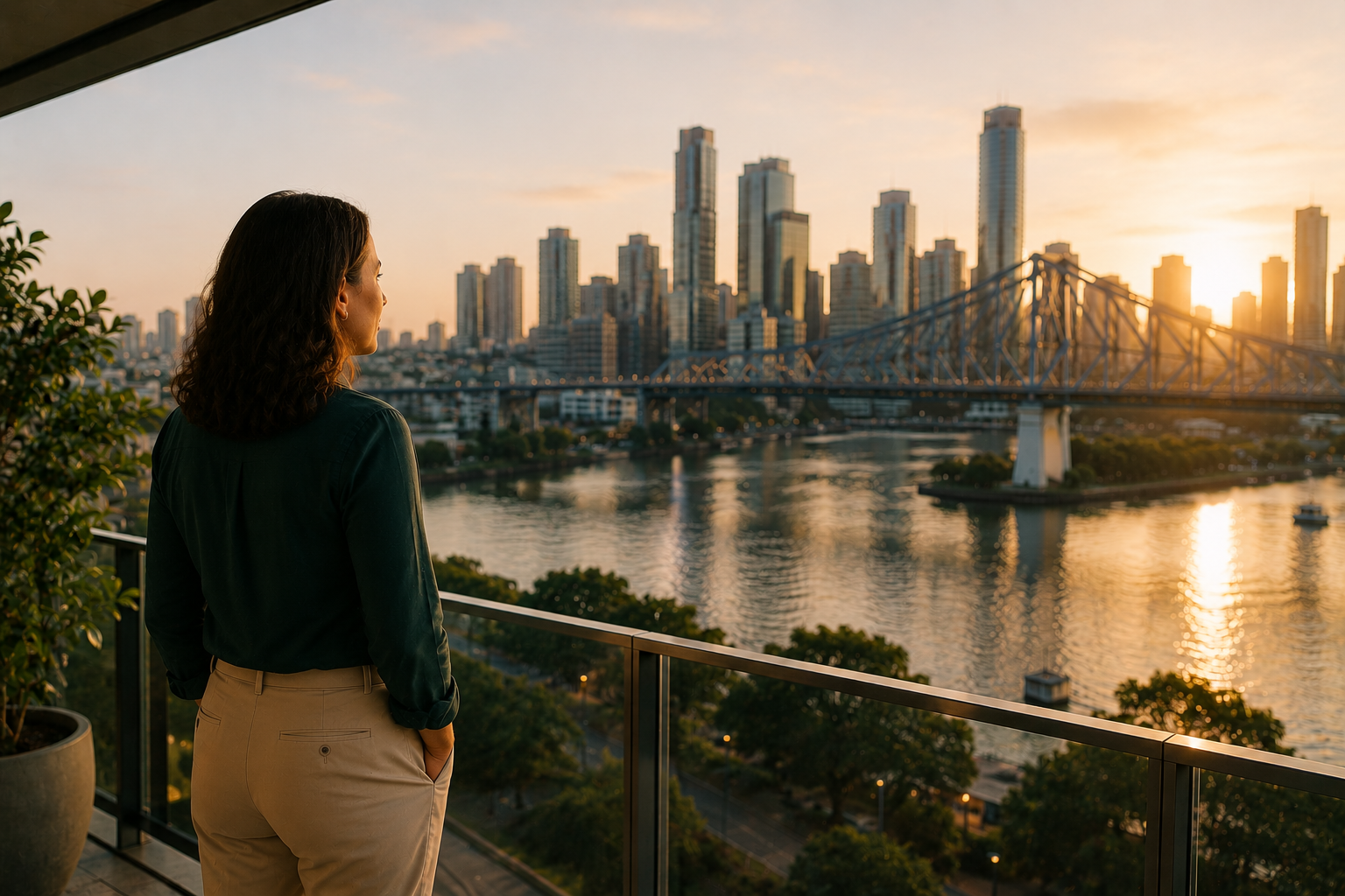 Leader overlooking the Brisbane skyline, reflecting on the future of leadership and organisational change in an AI era