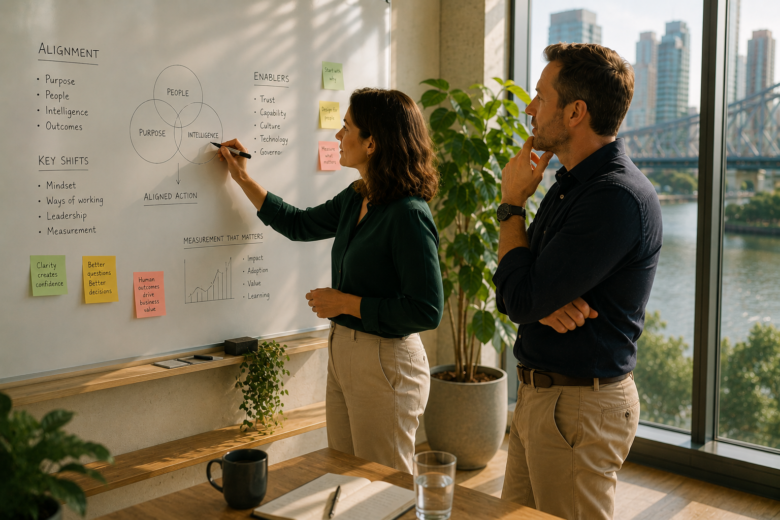 Two professionals facilitating an AI transformation strategy workshop focused on aligning people, purpose and intelligence