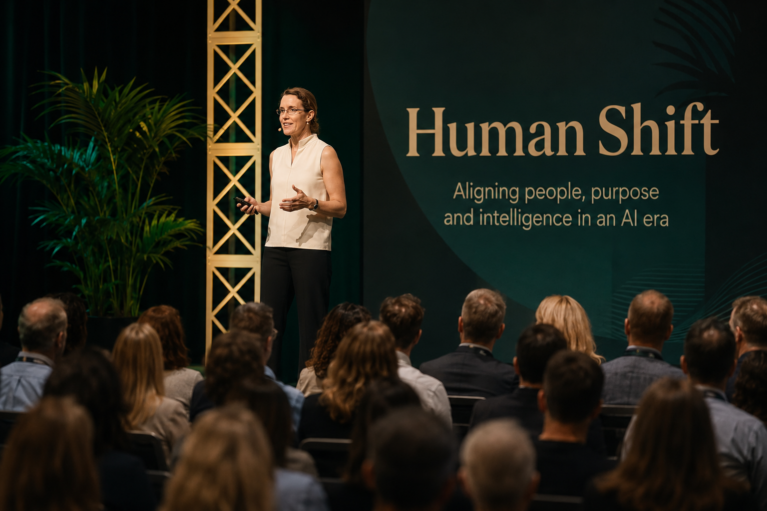 Jo Grubb delivering a keynote on Human-Centric AI, leadership and AI transformation