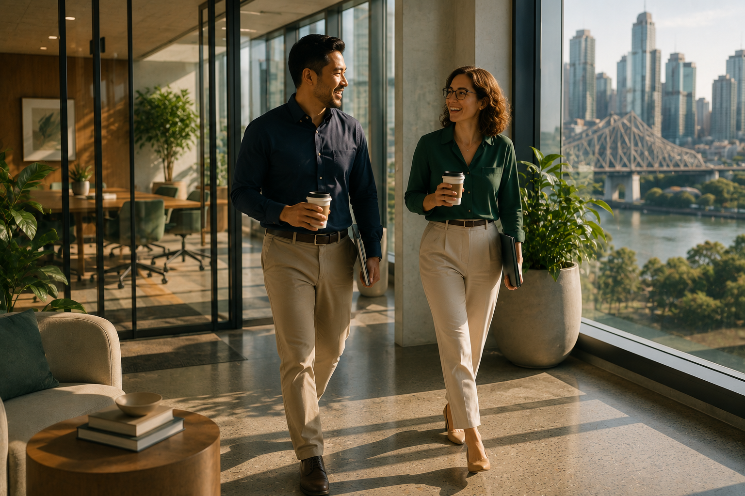 Two business professionals, a man and a woman, walking and talking in an office with large windows showing a city skyline and a bridge in the background. They are holding coffee cups and notebooks, smiling at each other.