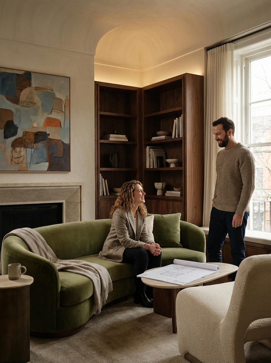 A woman and man in a living room, sitting and standing near a green sofa, engaging in conversation. The room has a large window, wooden bookshelf, framed artwork, fireplace, and a coffee table with rolled architectural plans.